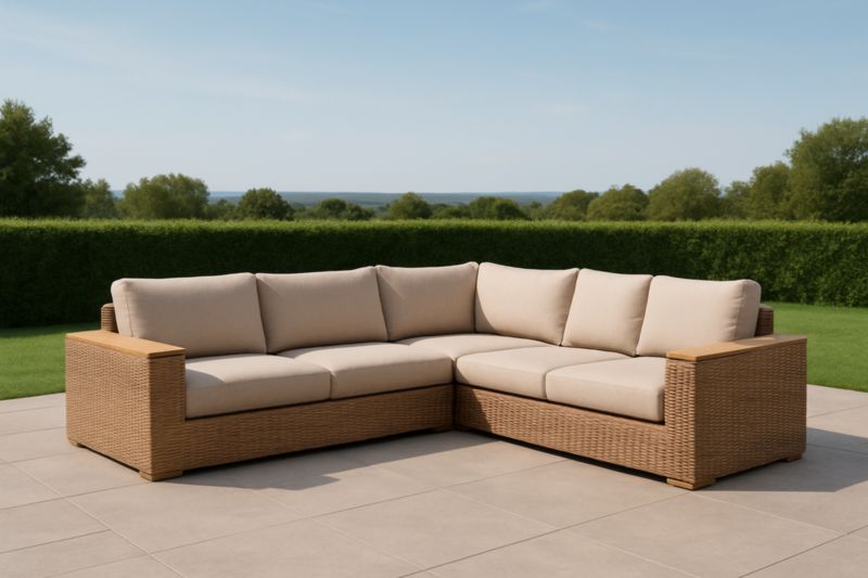 Divano ad angolo da esterno in rattan con cuscini beige