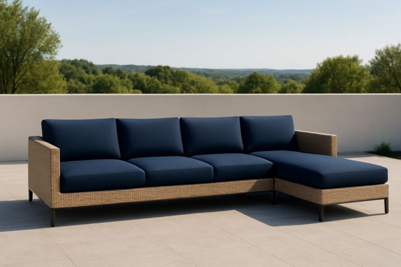 Divano ad angolo in rattan con cuscini in tessuto blu