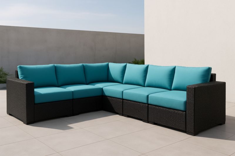 Divano modulare in rattan con cuscini turchesi per esterno