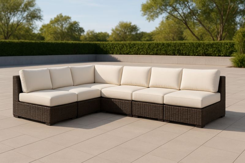 Divano modulare da esterno in rattan con cuscini crema