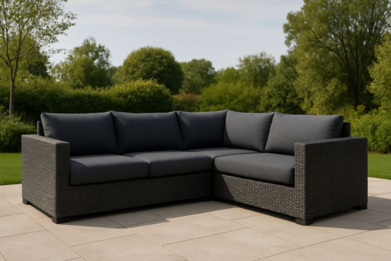 Divano ad angolo in rattan sintetico con cuscini in tessuto per esterni Grigio Scuro