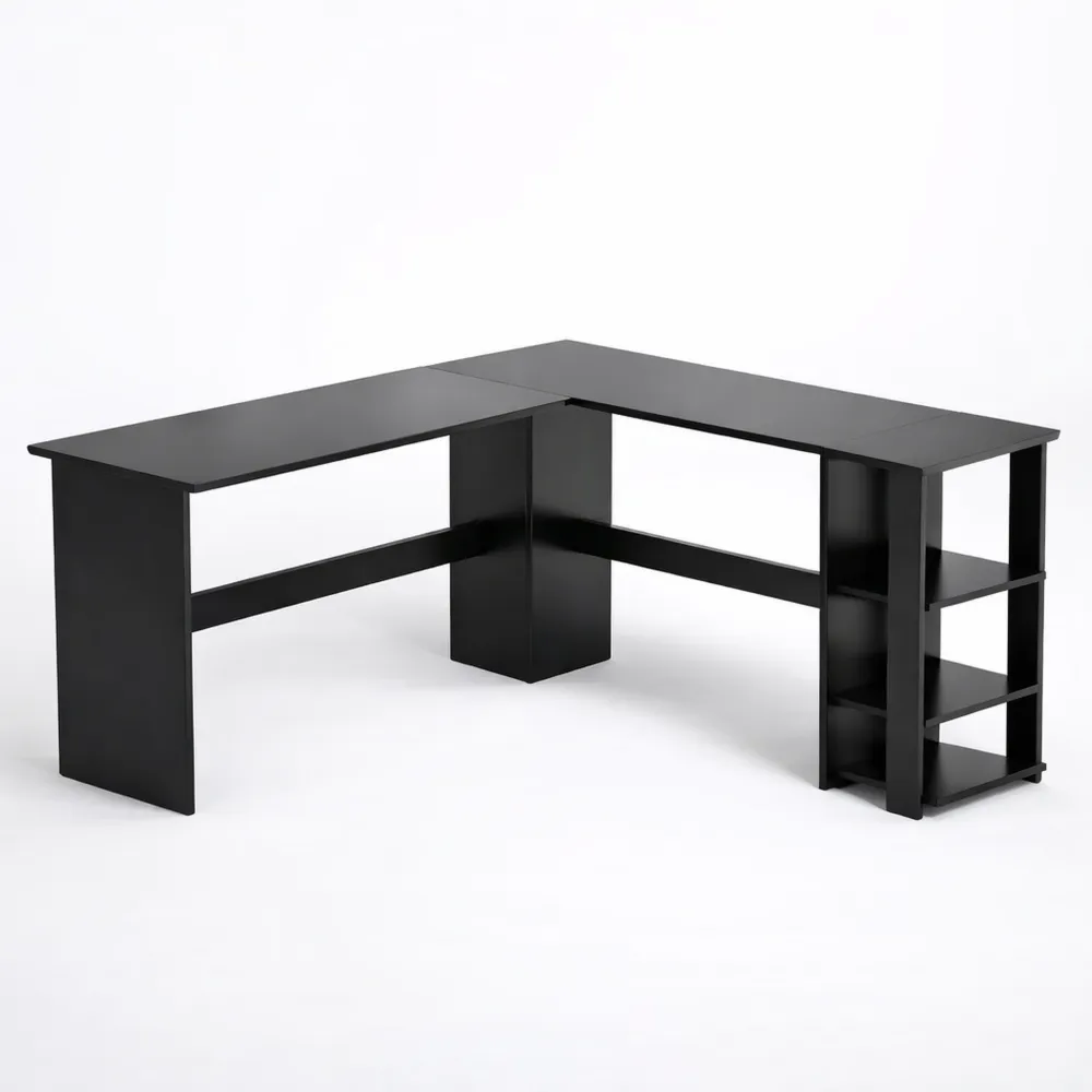 Bureau d'angle en L avec étagères pour télétravail