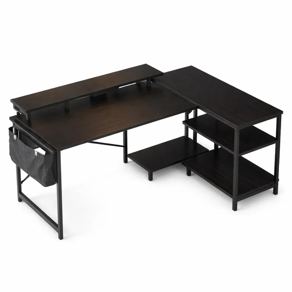 Bureau d'angle réversible avec port USB et prise de courant, table d'ordinateur avec support d'écran