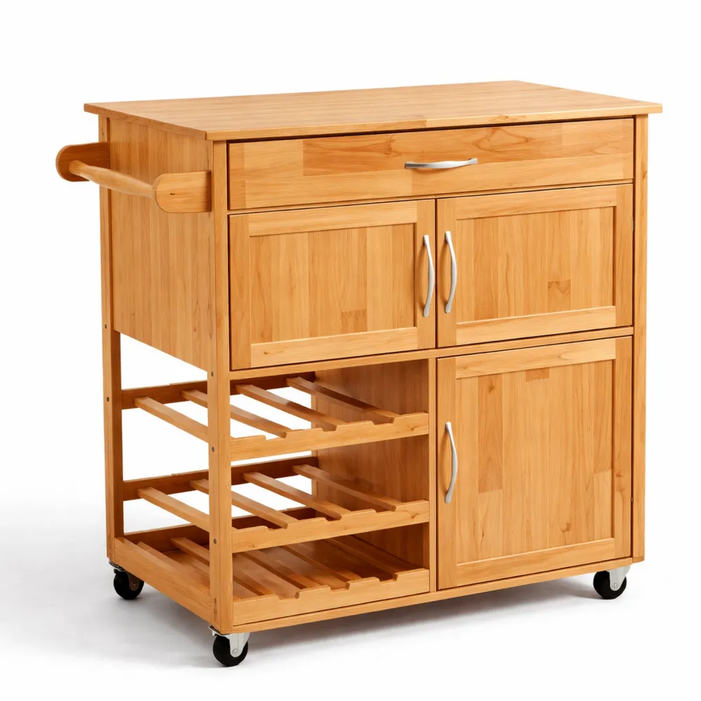 Desserte à roulettes en bois massif avec plan de travail et range-bouteilles