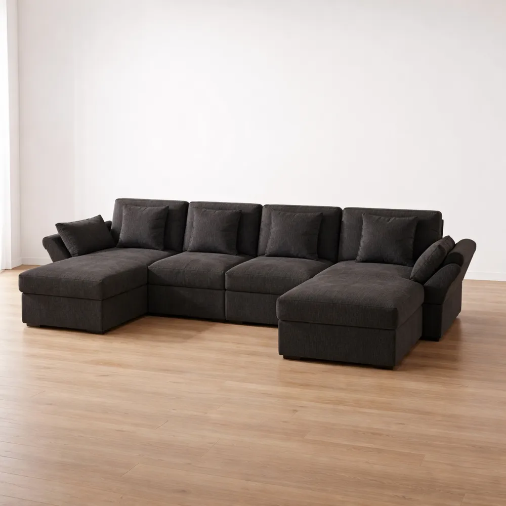 Canapé d'angle modulable en tissu avec poufs et accoudoirs ajustables, gris