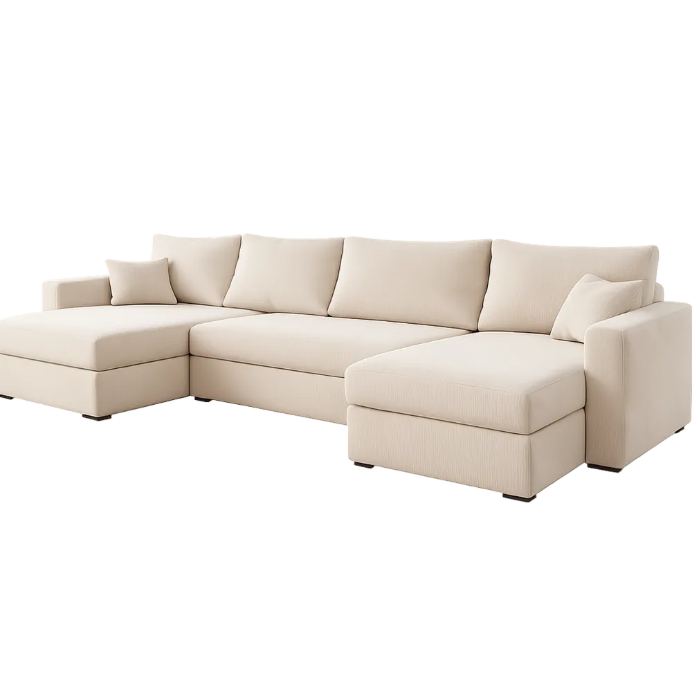 Canapé d'angle panoramique convertible en velours côtelé beige