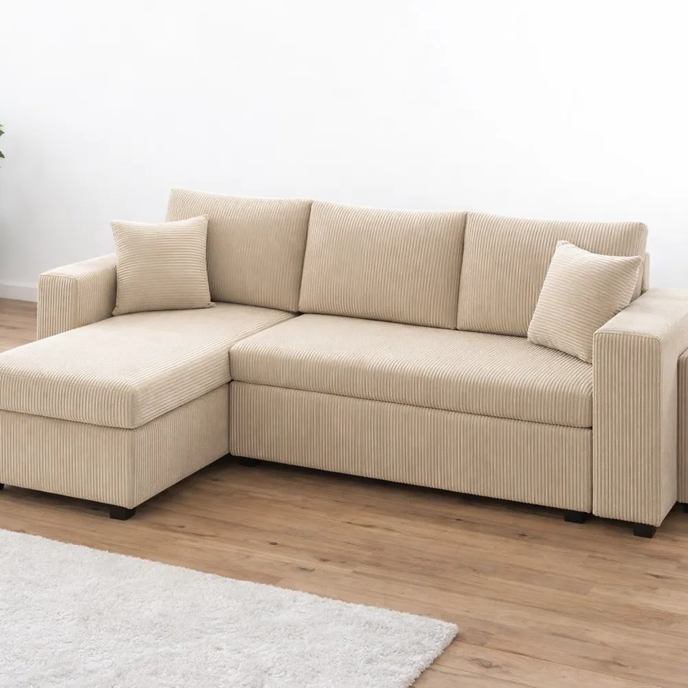 Canapé d'angle convertible avec espace de rangement et poufs en velours