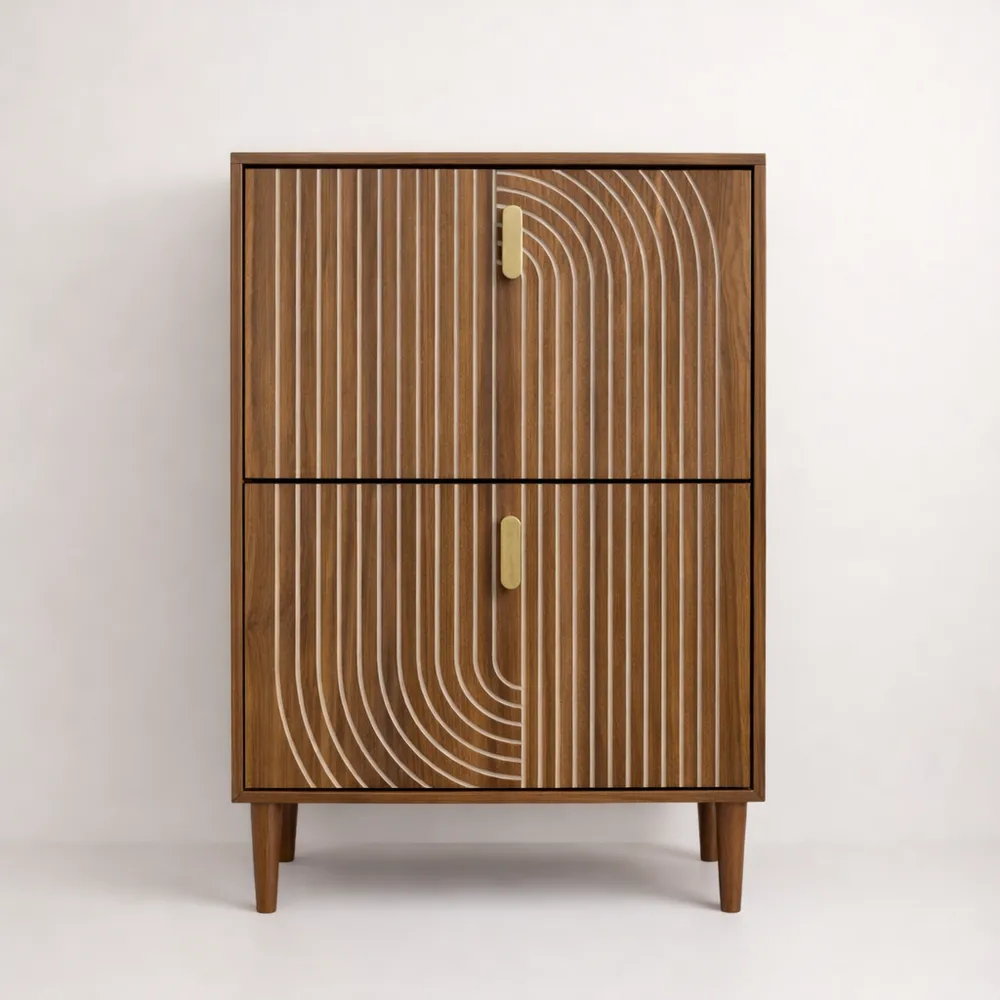 Armoire à Chaussures avec 2 Tiroirs Rabattables, Design Rainuré en Noyer, Rangement pour Entrée et Salon