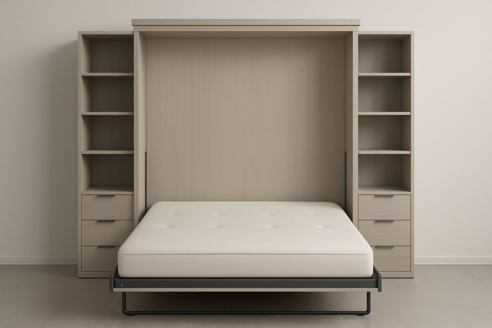 Letto a Scomparsa Matrimoniale con Scaffali in Legno Massello, Colore Beige