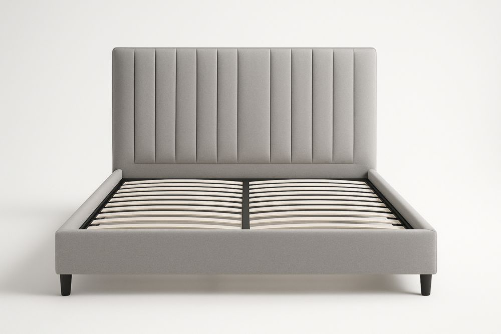 Letto imbottito tessuto poliestere grigio con doghe in legno massello 200x160x110 cm