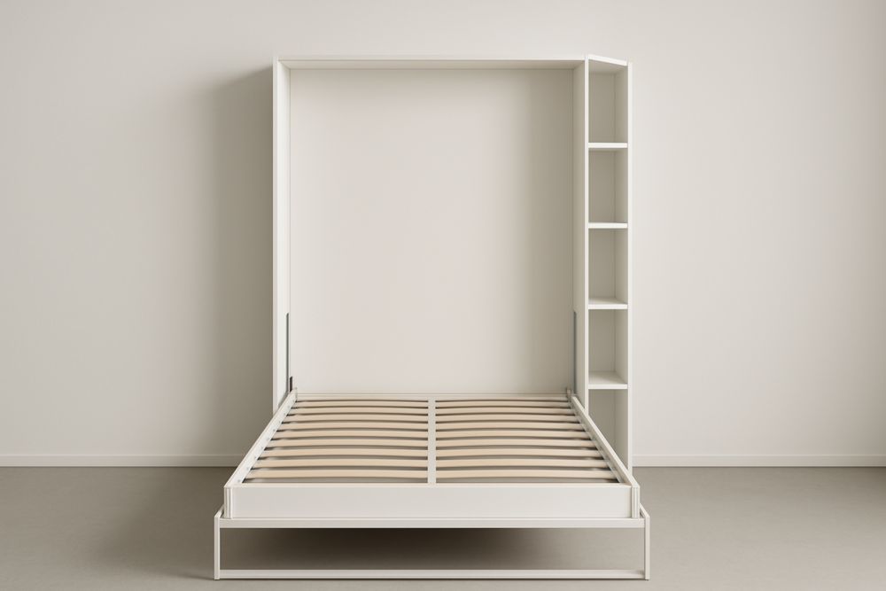 Letto a scomparsa matrimoniale bianco con libreria in MDF e metallo