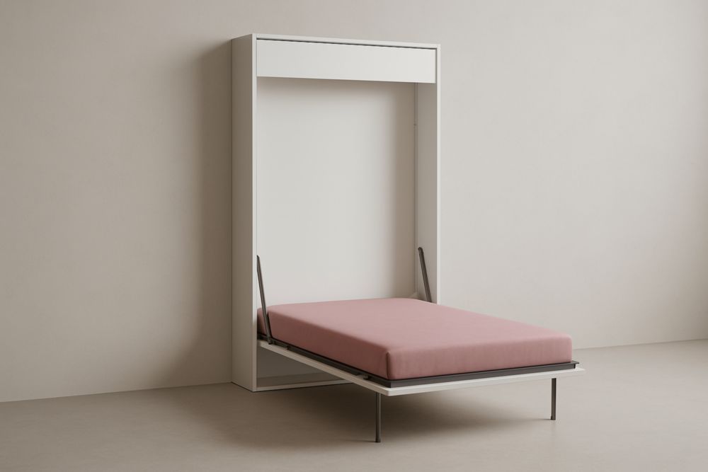 Letto a Scomparsa Matrimoniale in Alluminio e Legno Massello con Materasso in Tessuto Rosa