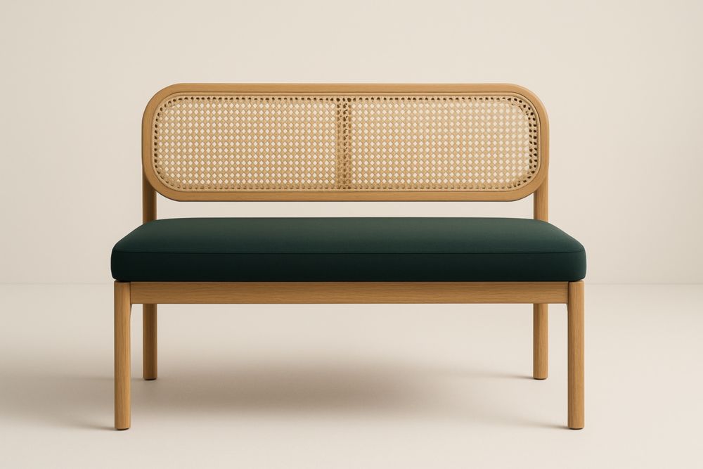 Panca d'ingresso a 2 posti in legno con seduta in tessuto verde e schienale in rattan