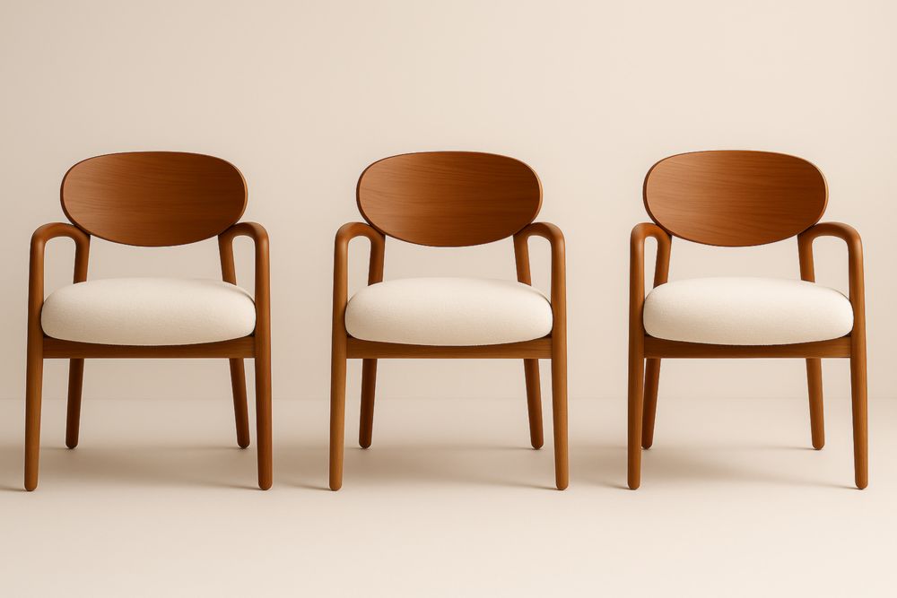 Set di 3 sedie da pranzo in legno massello con seduta in tessuto bianco