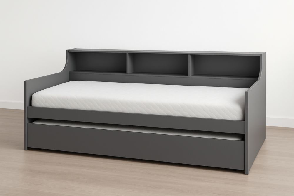 Divano Letto con Cassetto e Scaffale MDF Grigio 200cm x 90cm x 86cm