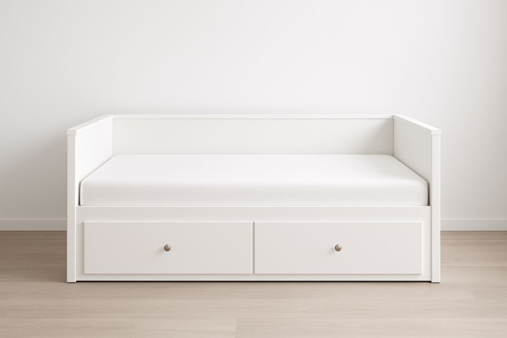 Divano letto singolo in legno MDF bianco con cassetti