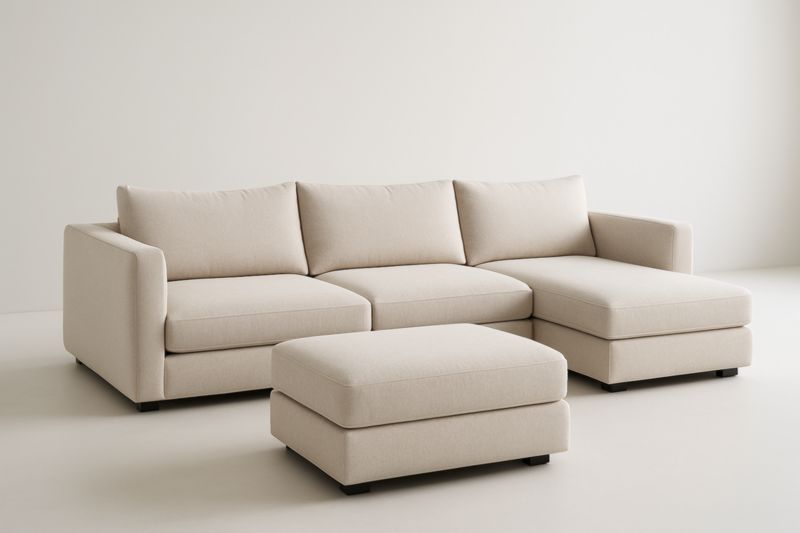 Divano angolare in tessuto poliestere beige con pouf incluso