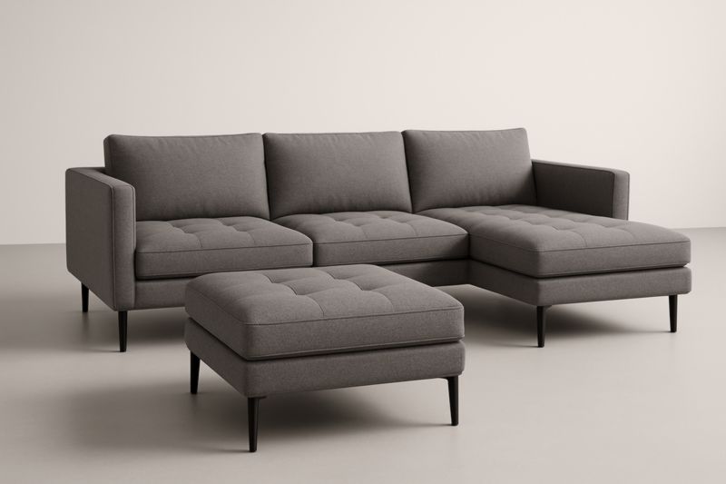 Divano Angolare 240×150×85 cm in Tessuto Poliestere con Imbottitura in Schiuma e Struttura in Pino e MDF, Include Pouf Separato