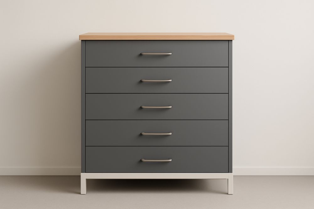 Cassettiera a 5 cassetti in MDF grigio e superficie in legno di acero