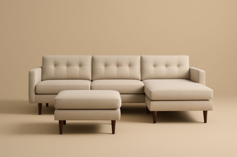 Divano componibile angolare beige con chaise longue e pouf