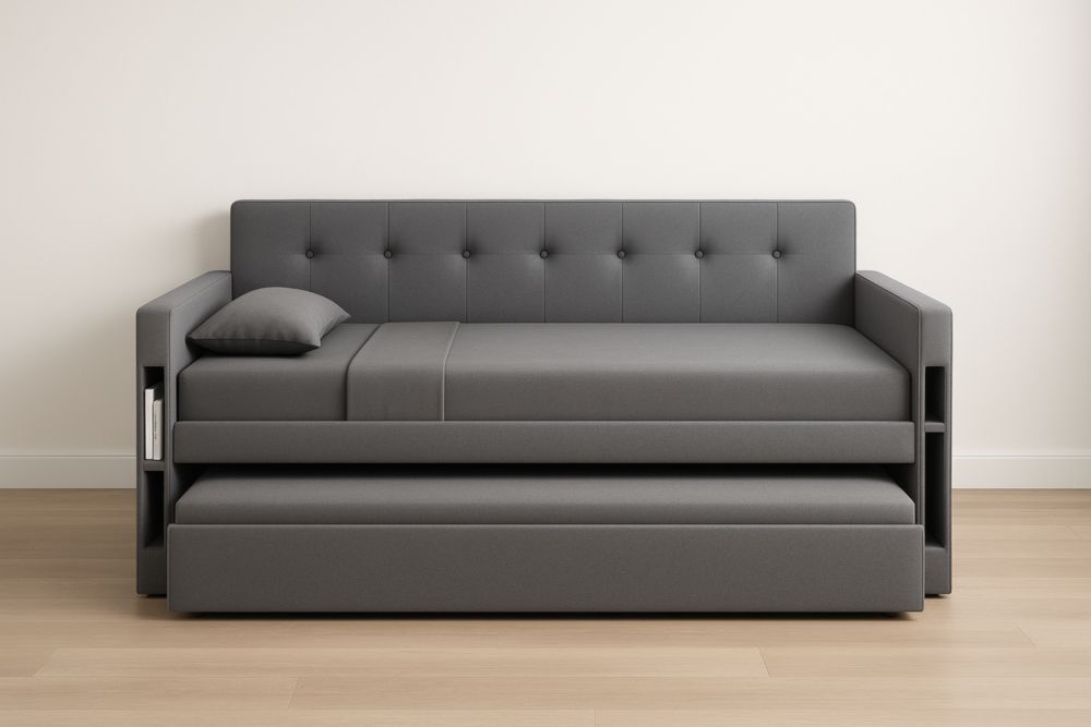 Divano letto con letto estraibile in tessuto grigio senza materasso