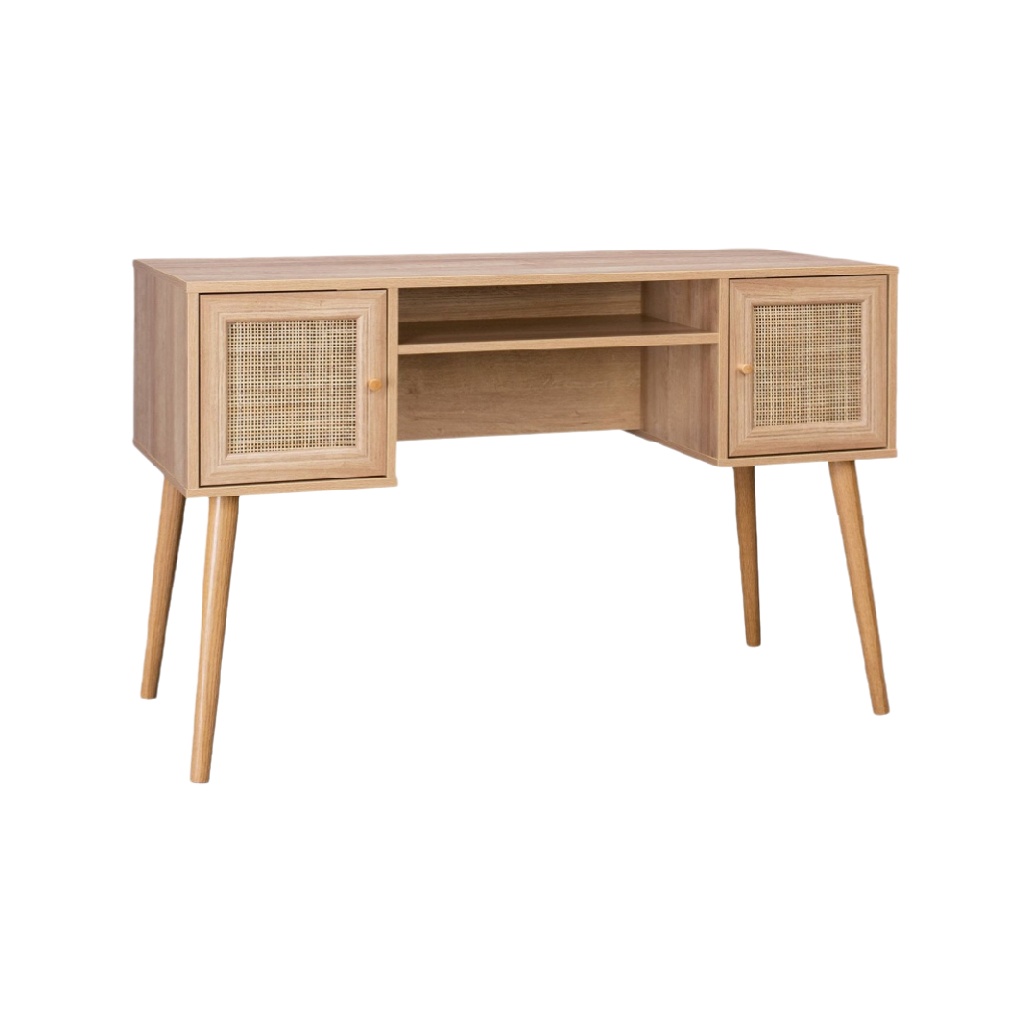 Bureau en bois avec portes en rotin pour espace de travail - 120 x 50 x 75-homelleliving