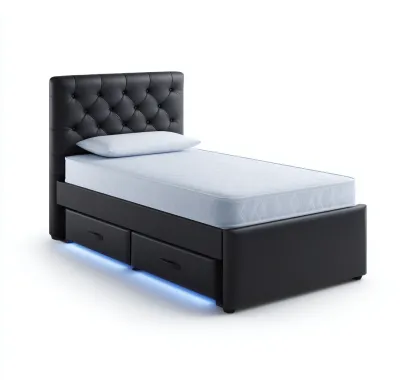 Camas individuales - piel sintética - estructura de madera - 200x100x115 cm - negro - cabecero capitoné con almacenaje-Havenupbay