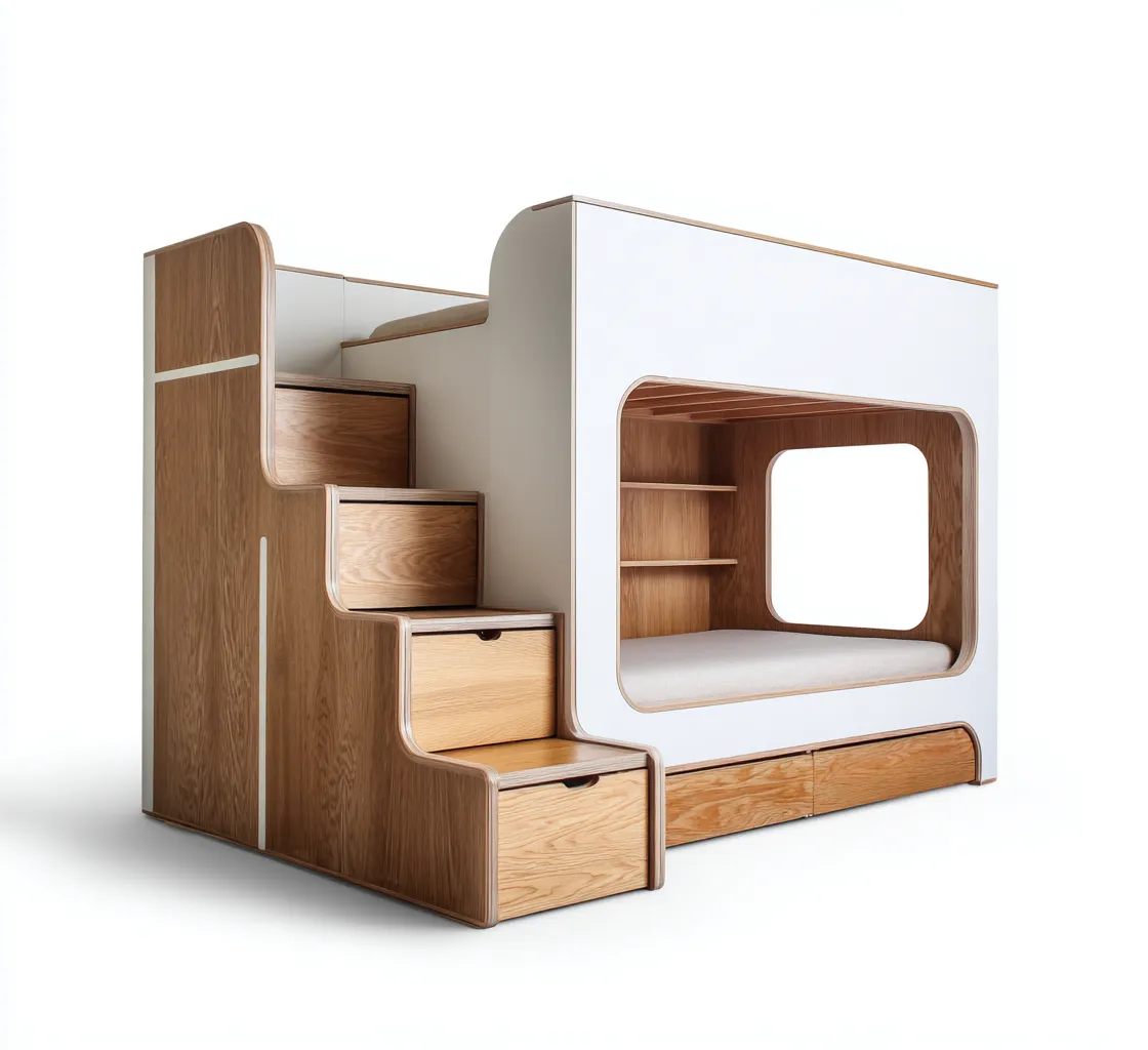 Literas de madera - madera de ingeniería - 240x150x175 cm - blanco-roble - diseño con escalera y almacenaje-Havenupbay