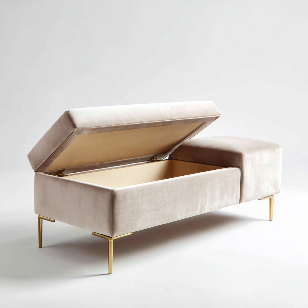 Banco de entrada-terciopelo-metal-120x40x48 cm-beige claro-dorado-estilo moderno-Havenupbay