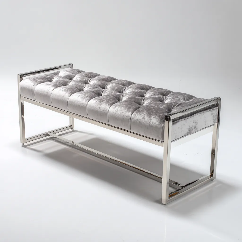 Banco de entrada-terciopelo-metal cromado-118x40x46 cm-gris claro-diseño elegante-Havenupbay