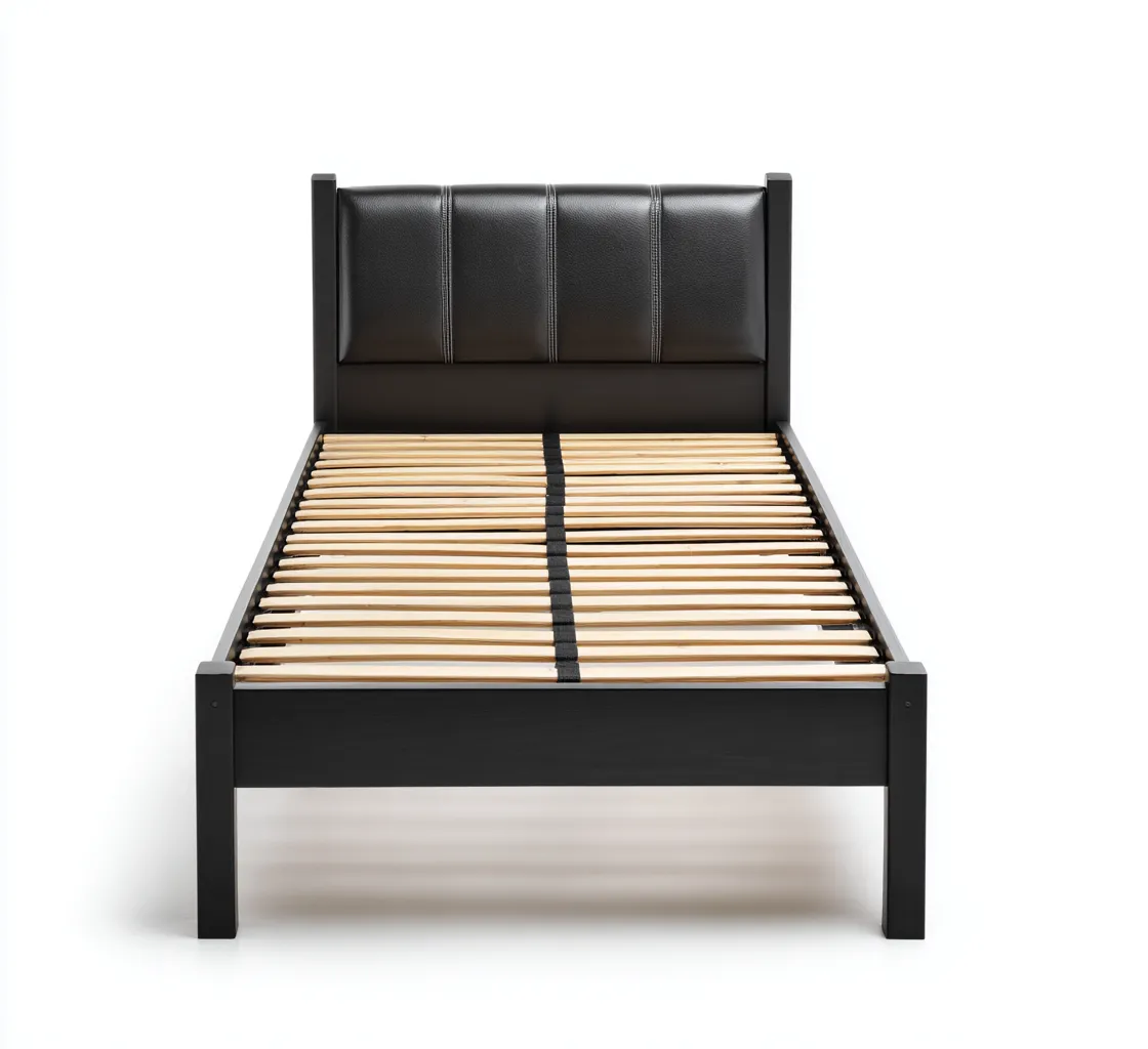 Camas individuales - piel sintética - estructura de madera - 200x100x95 cm - negro - cabecero acolchado minimalista-Havenupbay