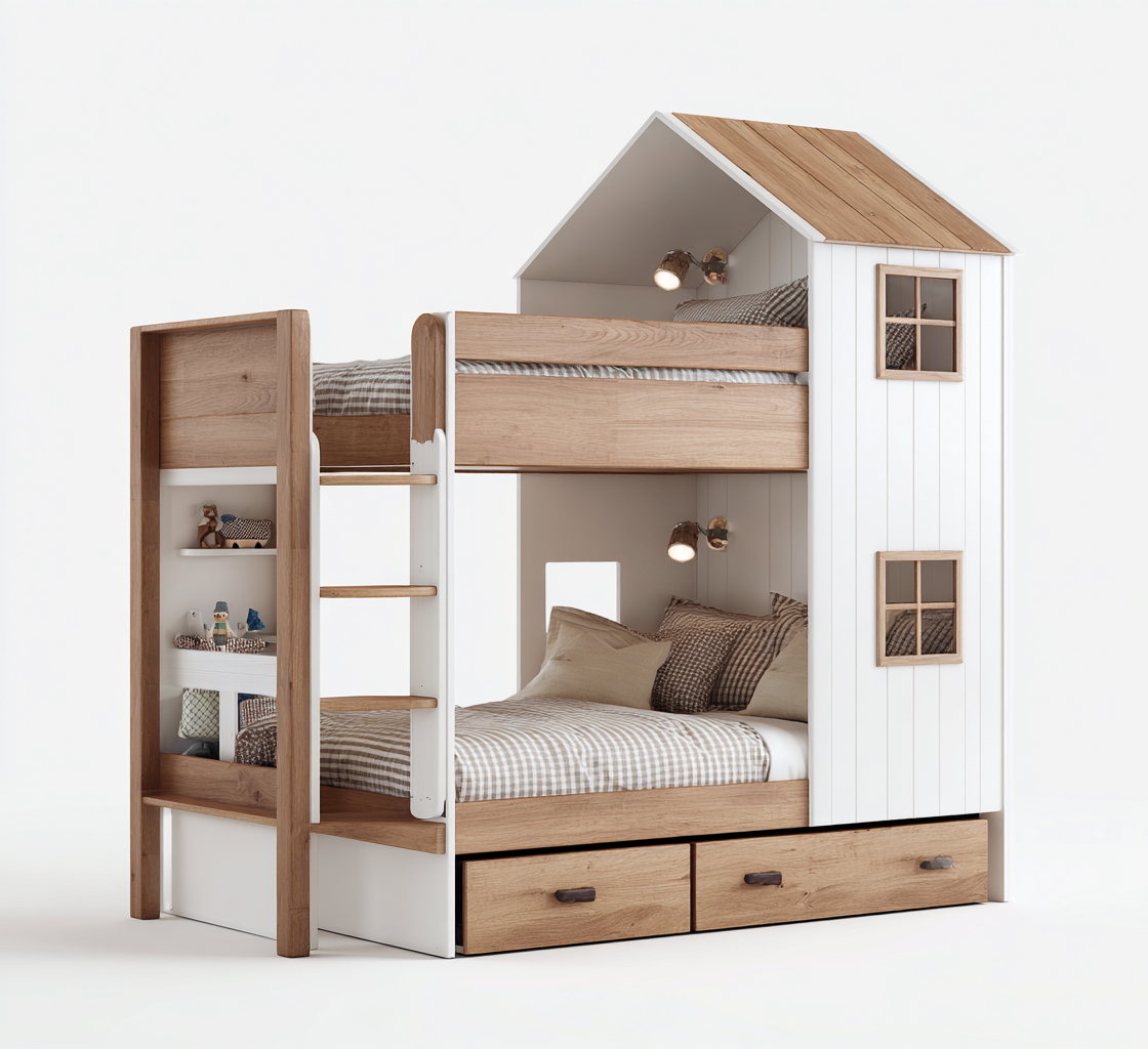 Literas de madera - madera - 215x120x185 cm - blanco-roble - diseño casita con almacenaje-Havenupbay