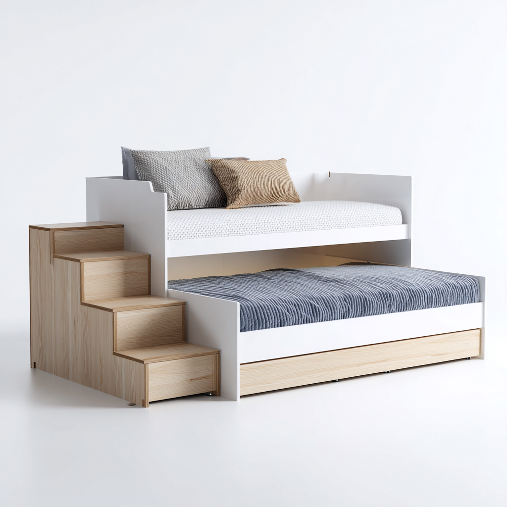 Literas de madera - madera de ingeniería - 215x140x125 cm - blanco-roble - diseño con cama nido y escalera de almacenaje-Havenupbay