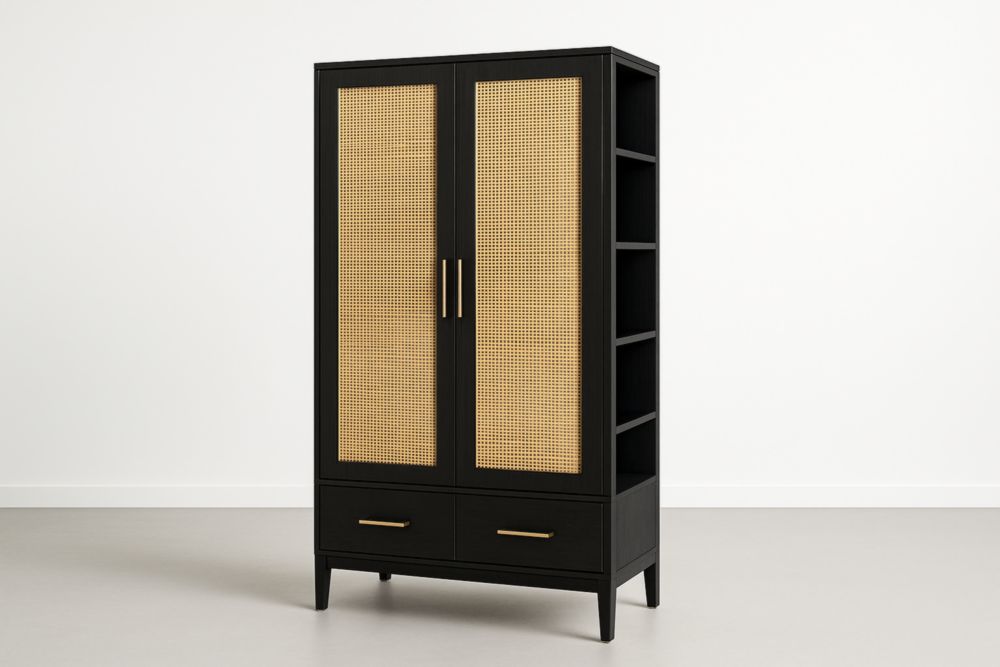 Armadio in Legno di Pino con Ante in Rattan Nero