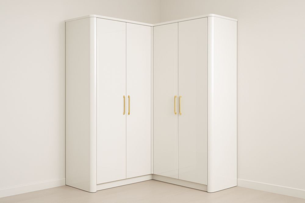 Armadio ad angolo in legno MDF con maniglie dorate