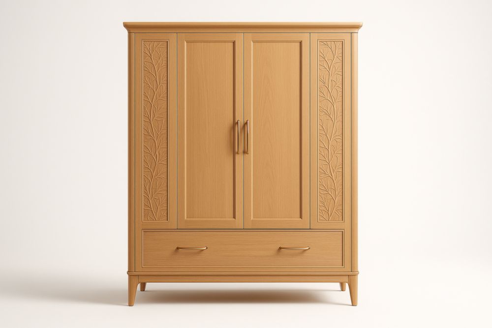 Armadio in Legno a Doppia Anta con Incisioni Laterali e Cassetto
