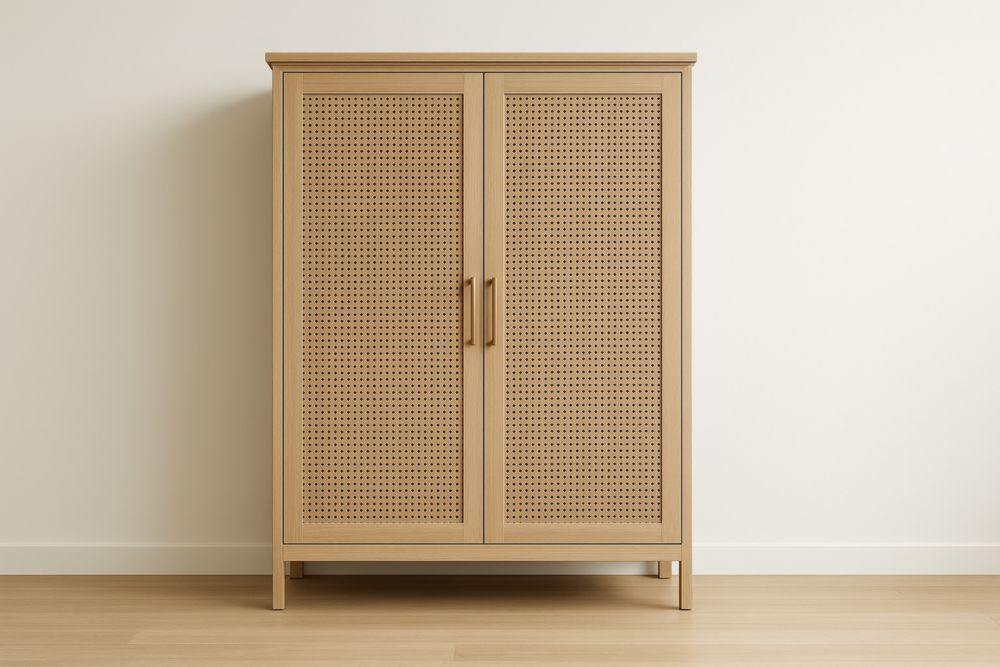 Armadio a 2 ante in legno con pannelli in paglia intrecciata