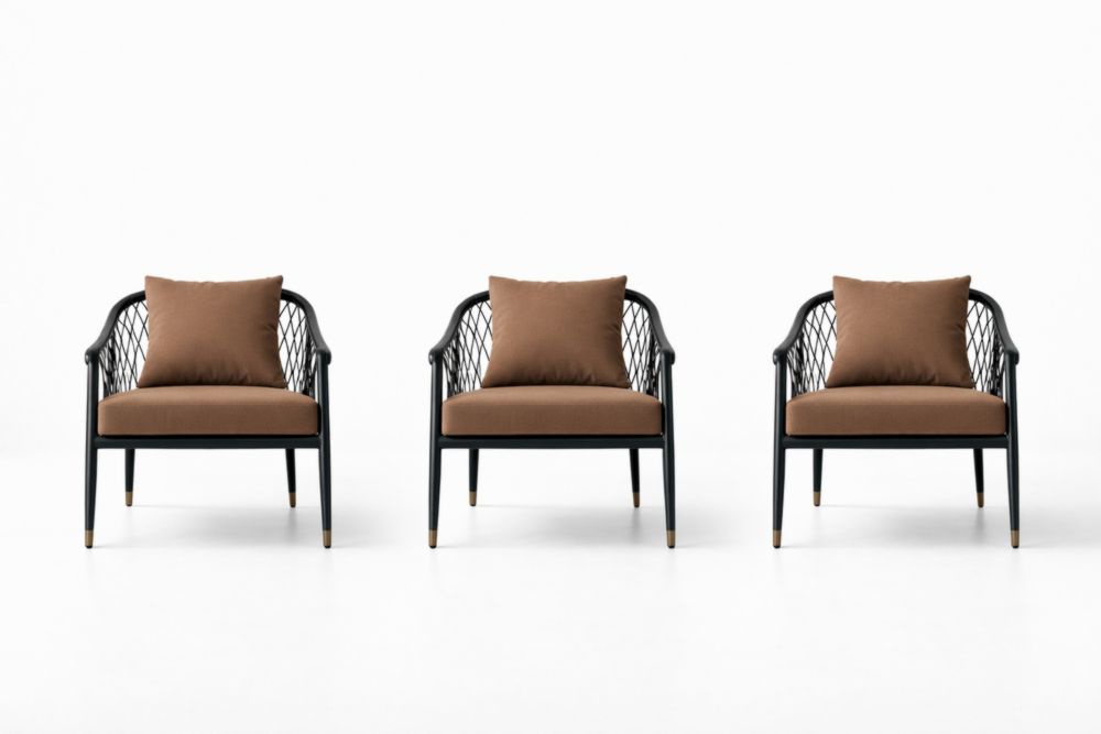 Set di 3 poltrone in metallo con cuscini in tessuto marrone