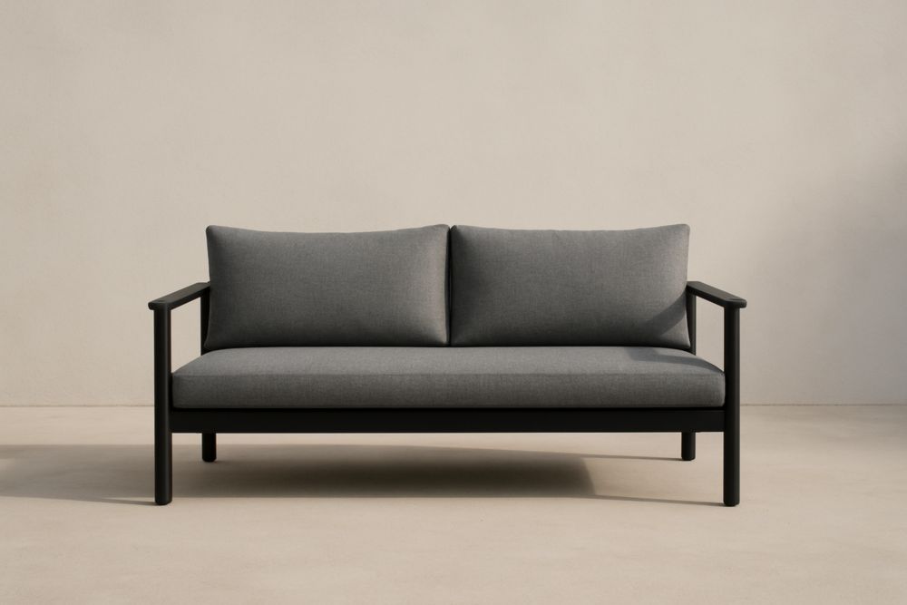 Divano in metallo nero e tessuto grigio
