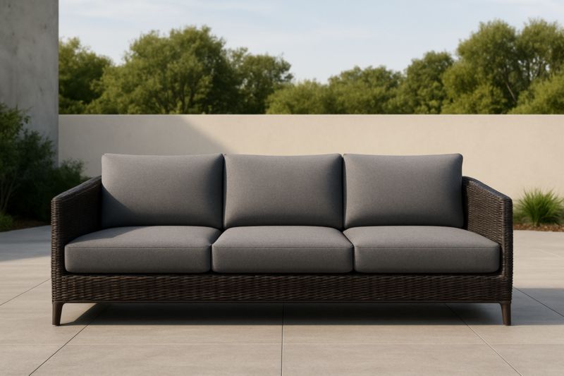 Divano a tre posti in vimini con cuscini in poliestere grigio