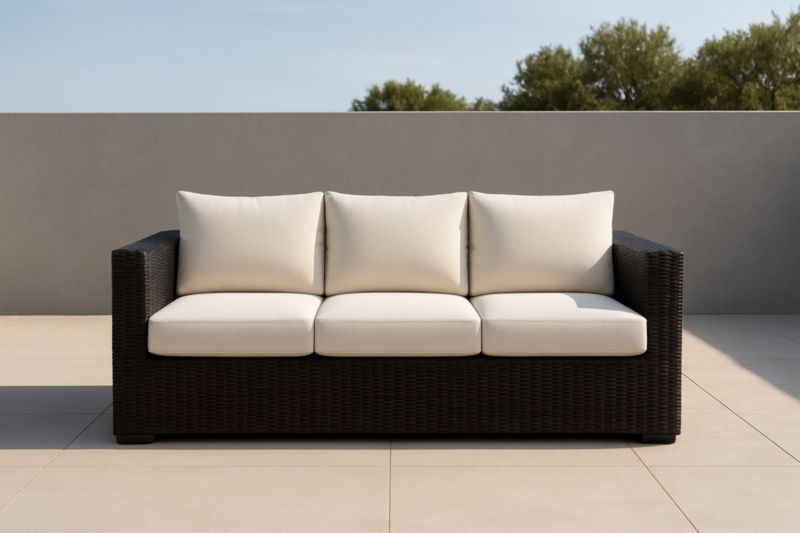 Divano tre posti in rattan sintetico con cuscini in poliestere bianco