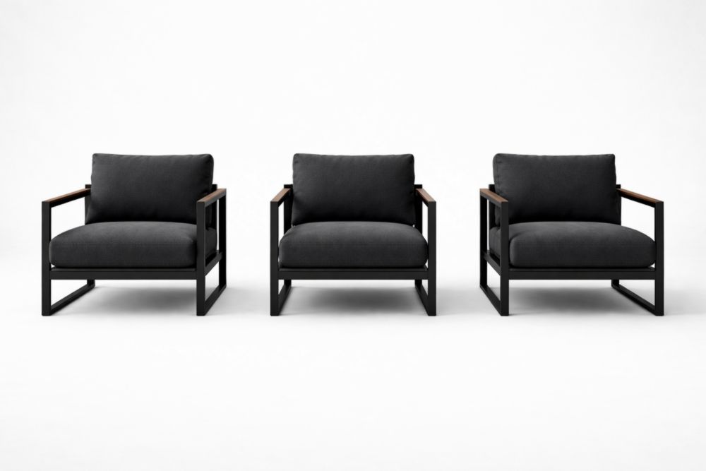 Set di 3 poltrone in tessuto e metallo, 75x75x70 cm, Nero