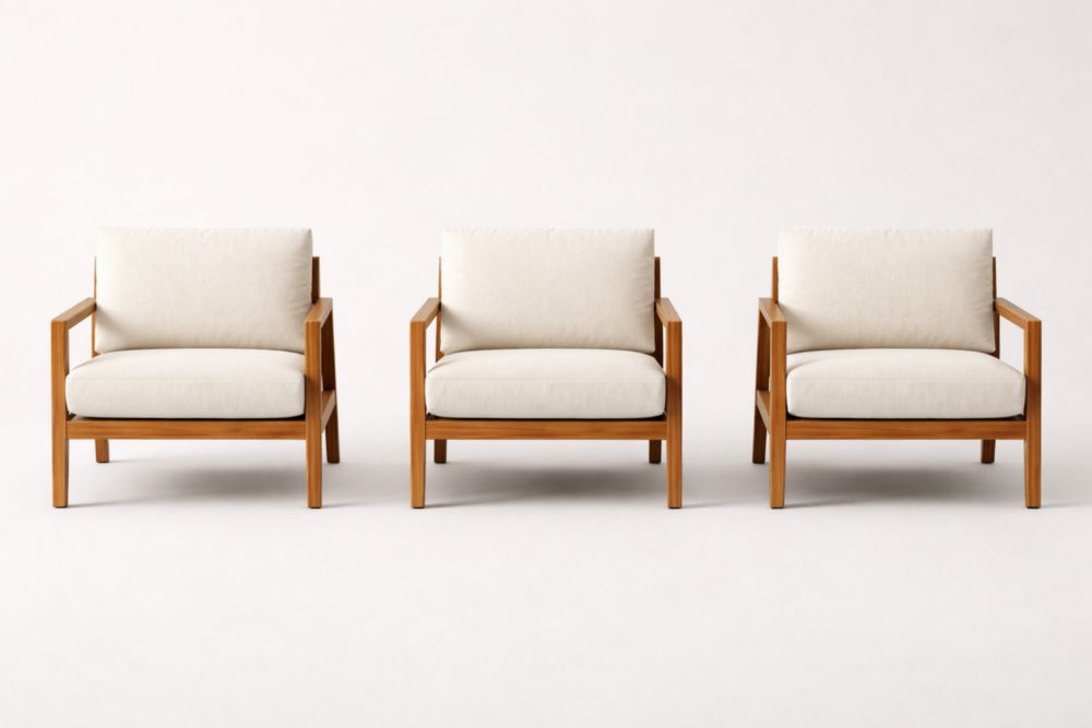 Set di 3 Poltrone in Legno e Tessuto Beige