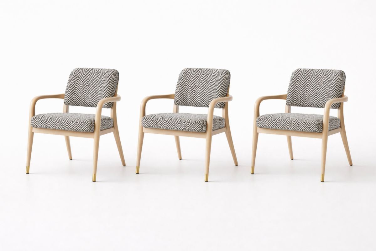 Set di 3 Poltrone in Legno con Tessuto Zigzag Nero e Bianco