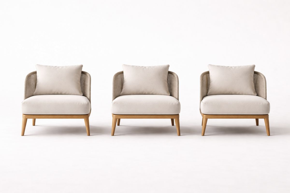 Set di 3 Poltrone Salotto Imbottite Beige Struttura in Legno