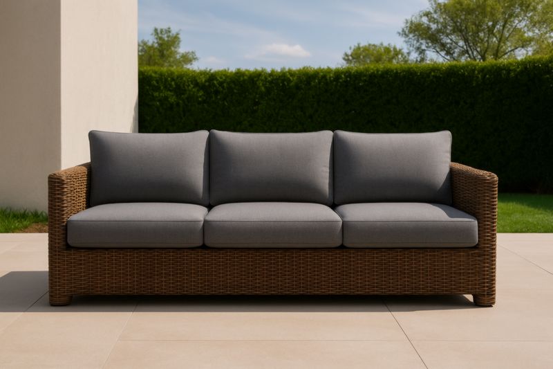 Divano 3 posti in rattan sintetico con cuscini grigi