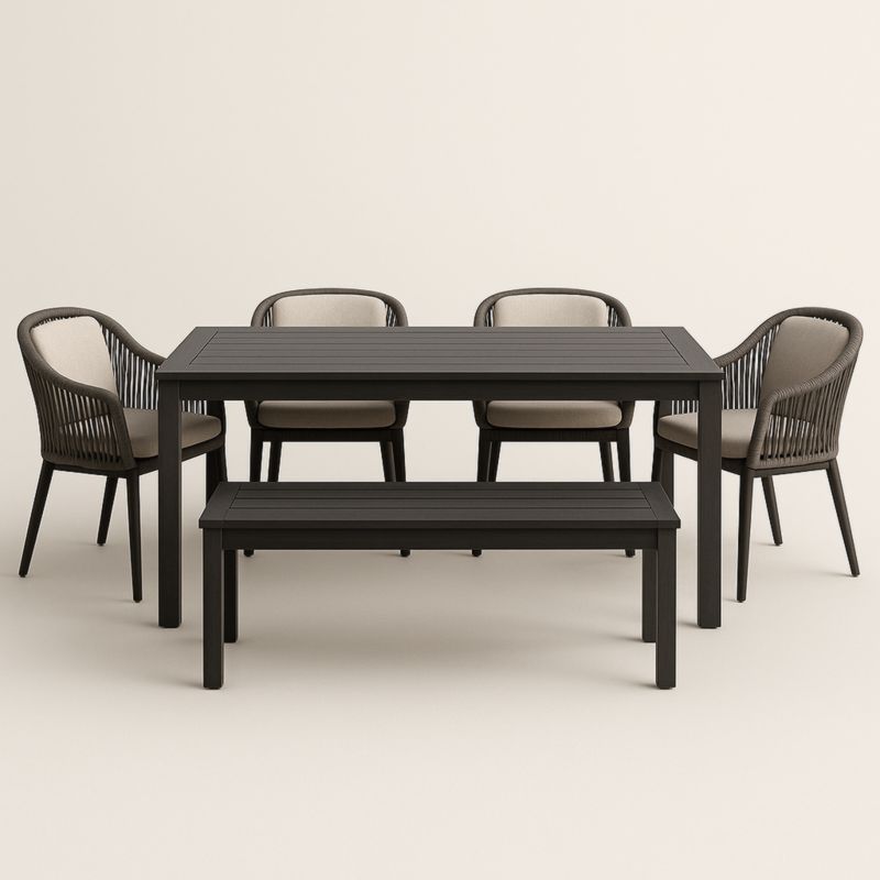 Set da Pranzo in Alluminio Nero e Rattan Sintetico con Panchina