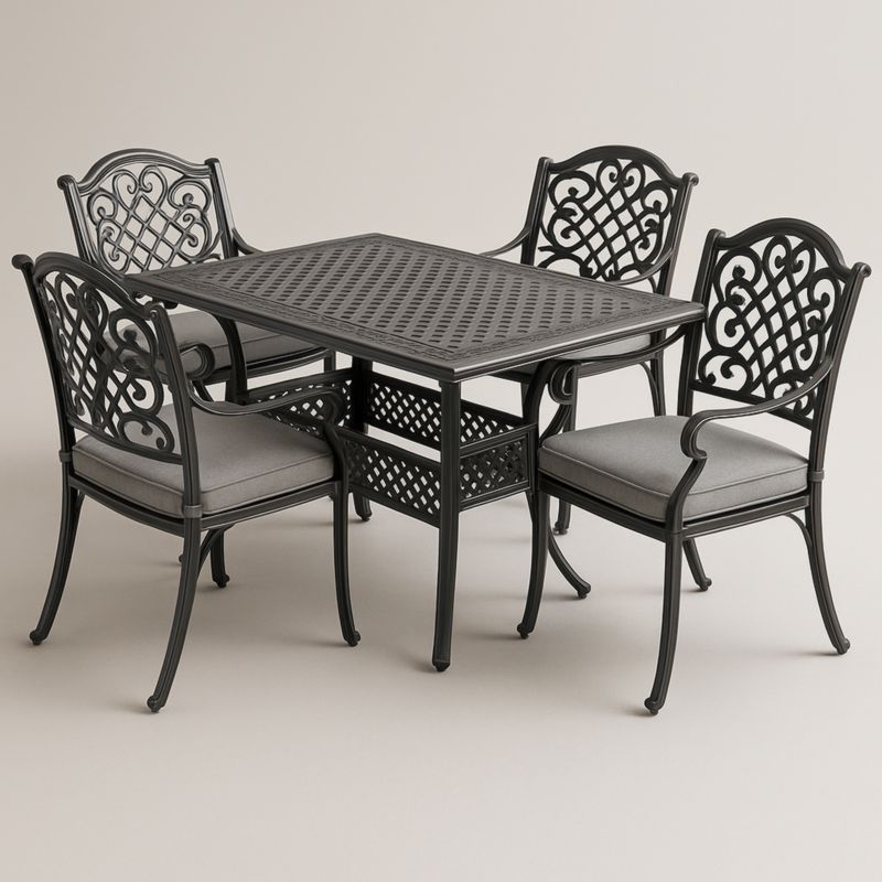 Set Tavolo e Sedie da Esterno in Alluminio Nero con Cuscini Grigi