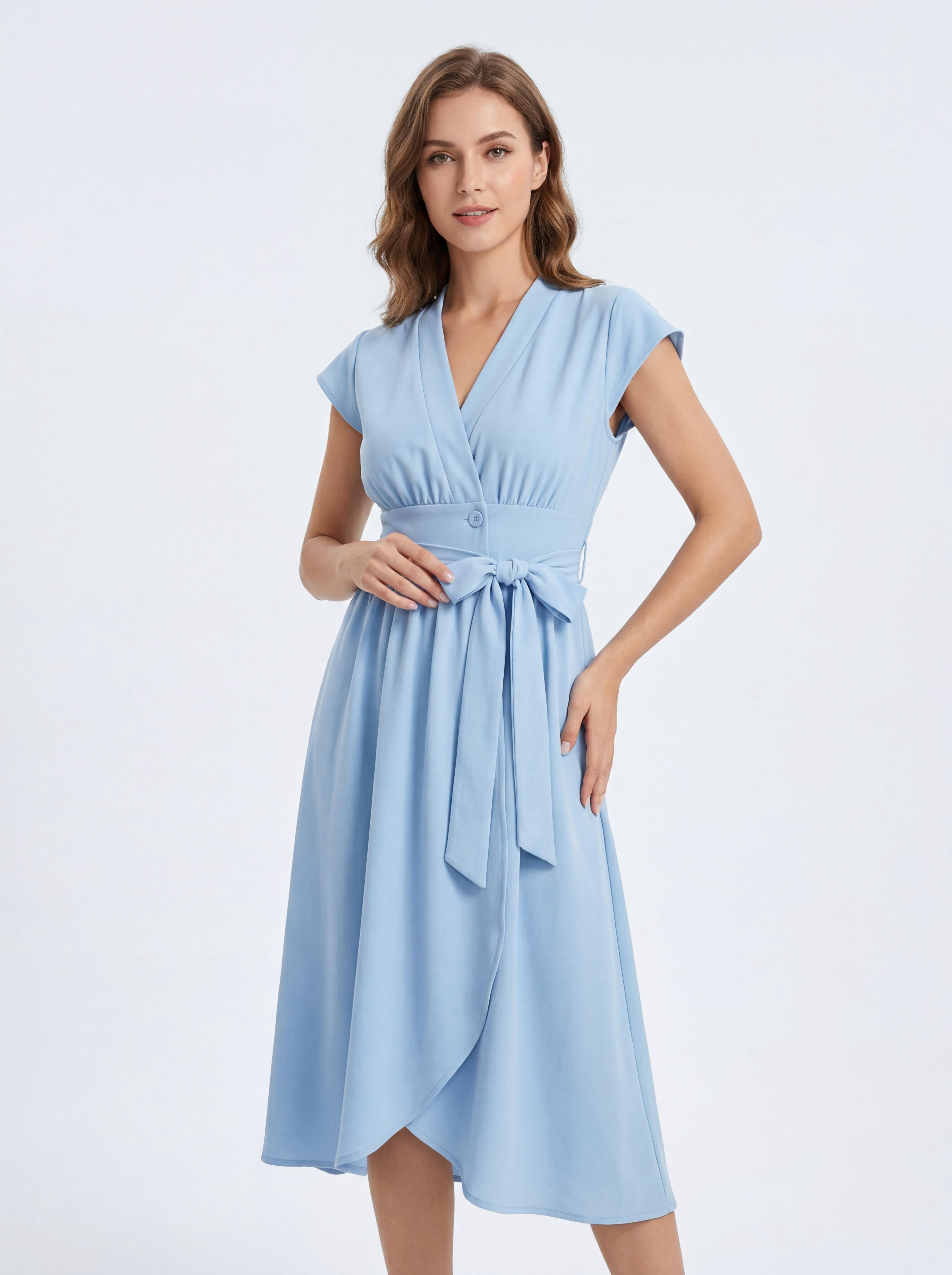 V Neck Short Sleeve Pocket Tie Back Quick Dry Midi Casual Dress