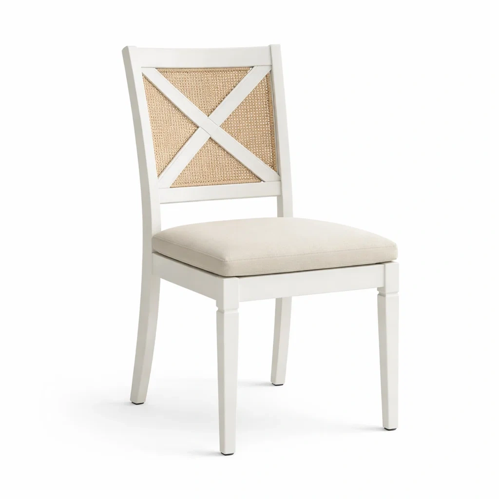 Sedia da pranzo in legno con schienale in rattan e seduta in tessuto poliestere-CHICLIVINGVIBES